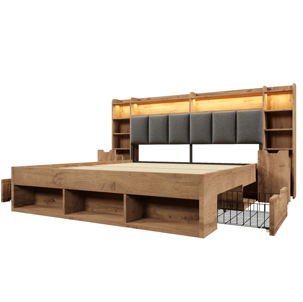 Letto 180x200 cm con LED, USB e cassetti in MDF e metallo color rovere