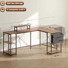 Scrivania angolare a L 168x120 cm con ripiani e portaoggetti, supporto monitor ergonomico, marrone rustico