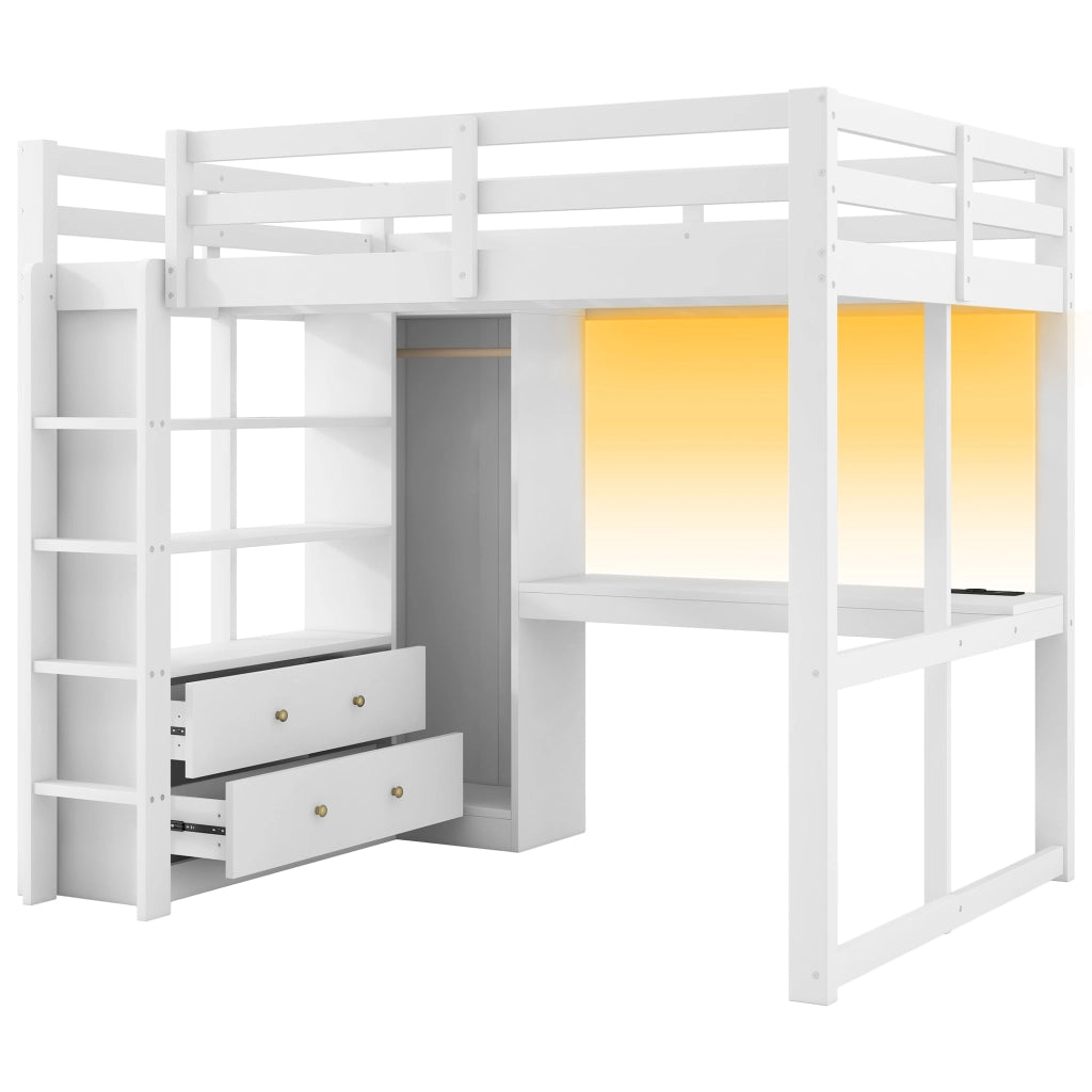 Letto a soppalco 140x200 cm bianco con scrivania; 2 cassetti; ripiani; LED e USB