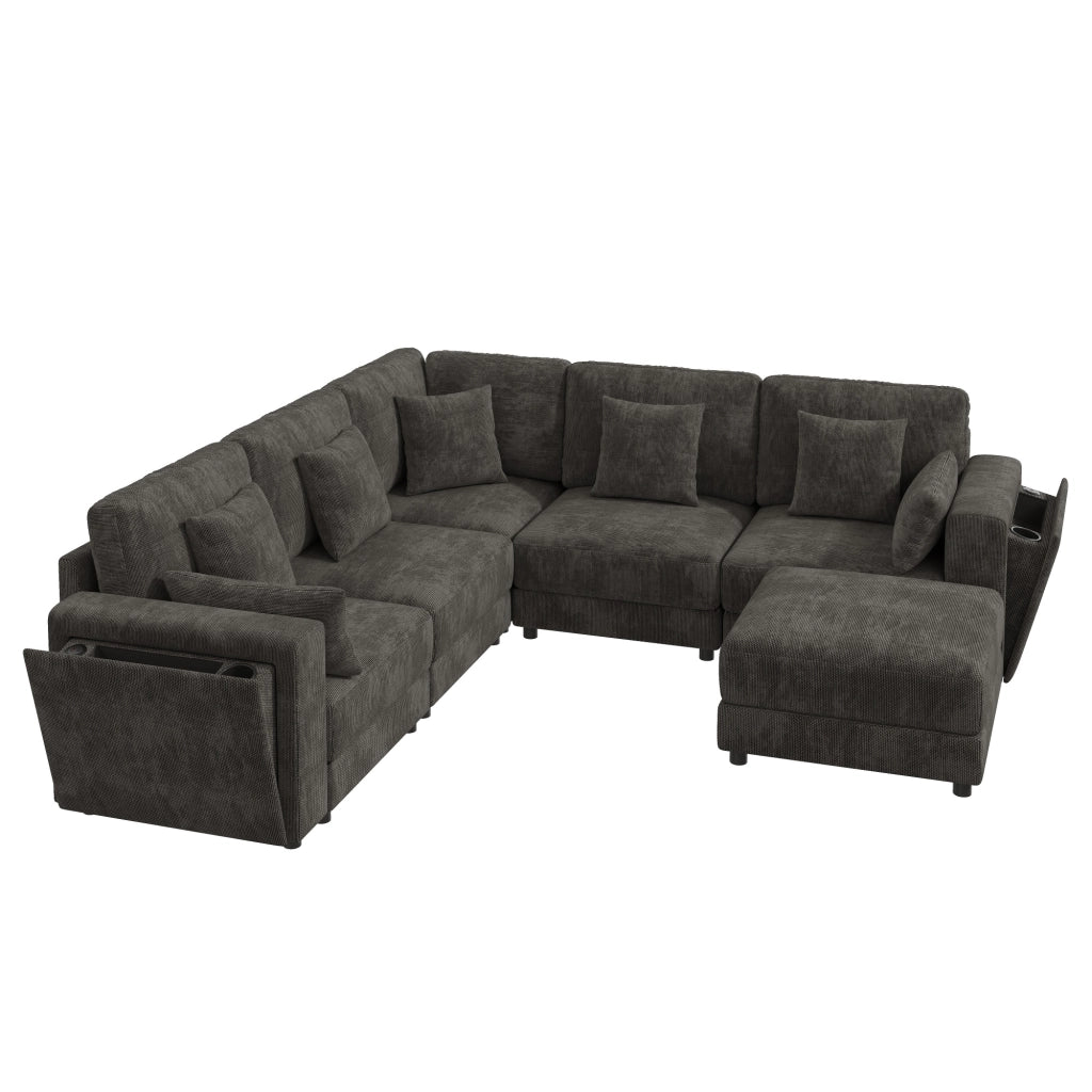 Divano modulare 6 posti a L o U con pouf; USB e tipo C; ciniglia; grigio