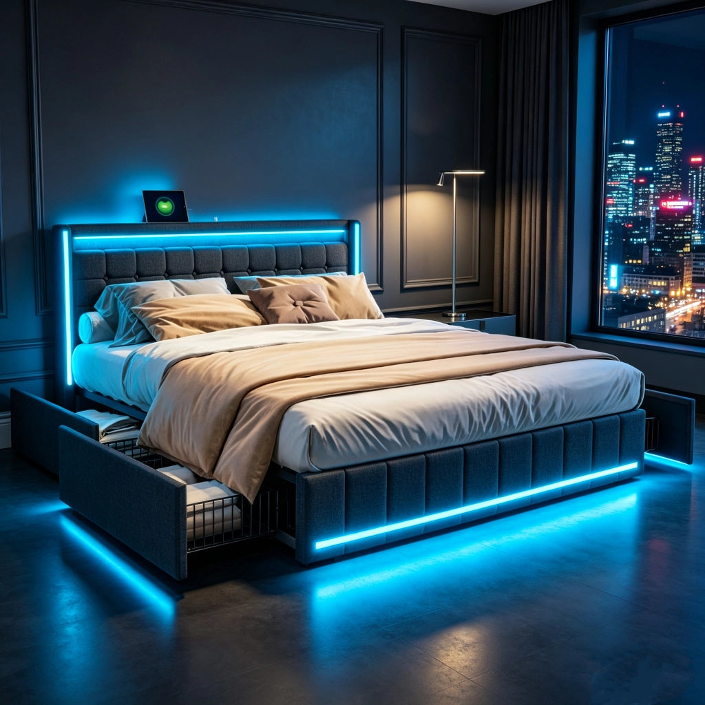 Letto matrimoniale con Contenitore 180x200 cm;letto imbottito 180x200 con 4 cassetti; LED e USB; rete a doghe;Grigio scuro; Lino;Senza Materasso