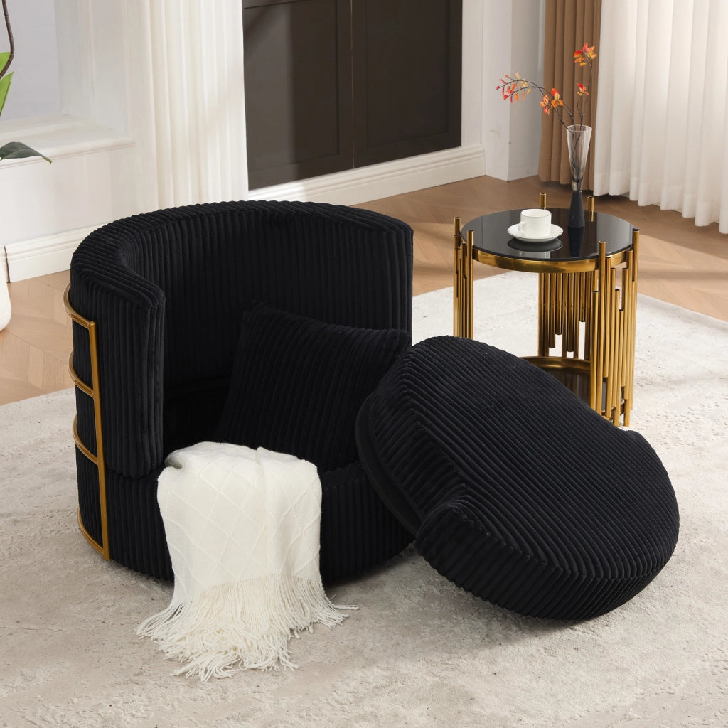 Poltrona girevole a 360 gradi in velluto a coste nera con vano contenitore e seduta imbottita 76 × 79 × 78 cm