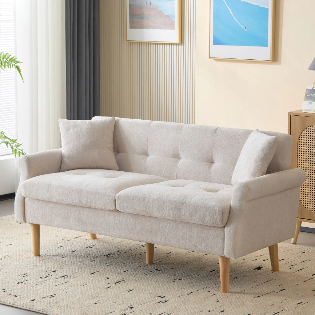 Divano 2 posti 162x74x77 cm con rivestimento in ciniglia beige e gambe in legno massello