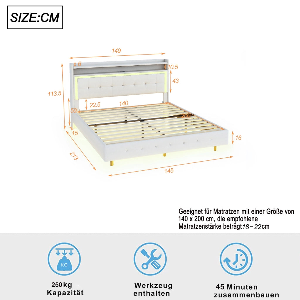 Letto imbottito matrimoniale 140x200 con USB e LED; beige