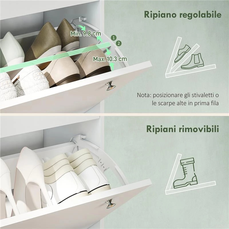 SCARPIERA SLIM CON 4 CASSETTI RIBALTABILI E RIPIANI REGOLABILI PER 24-32 SCARPE, 80X23.5X157 CM, BIANCO