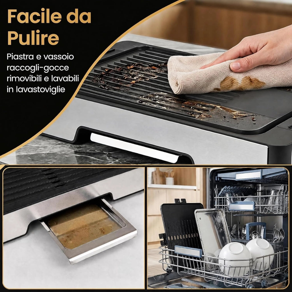 Griglia Barbecue Elettrica, 2300W Piastra Grill Elettrica
con Piastra a 2 Zone, Temperatura Regolabile e Vassoio Raccogli-grasso, Antiaderente con Pinza per BBQ e Campeggio, 53x31cm