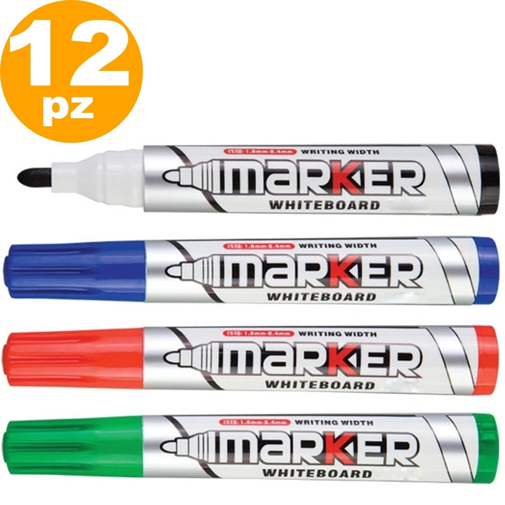 Trade Shop - 12 Pennarelli Per Lavagna Bianca Marker Whiteboard Scuola Ufficio Cancelleria -