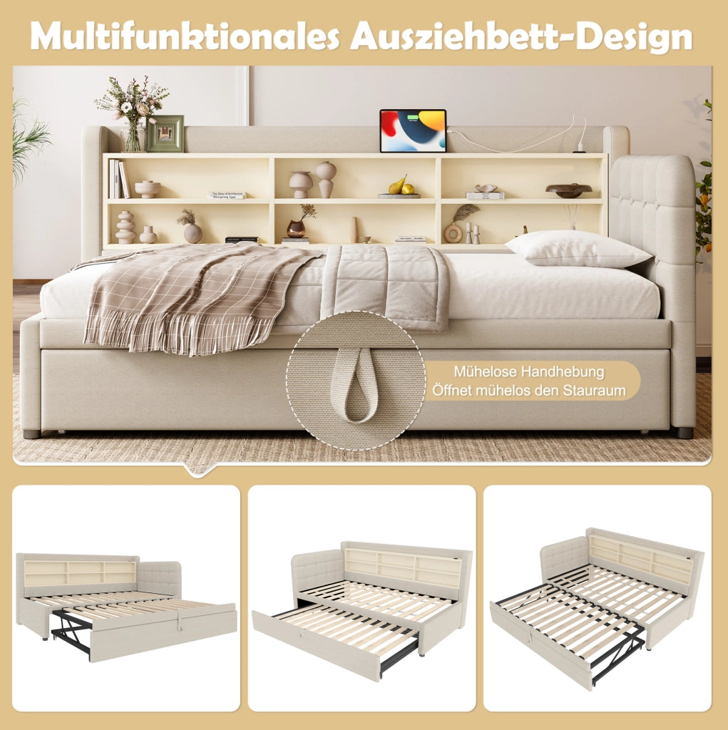 LETTO DIVANO ESTRAIBILE 90x200 cm Lino Beige USB + Tipo C