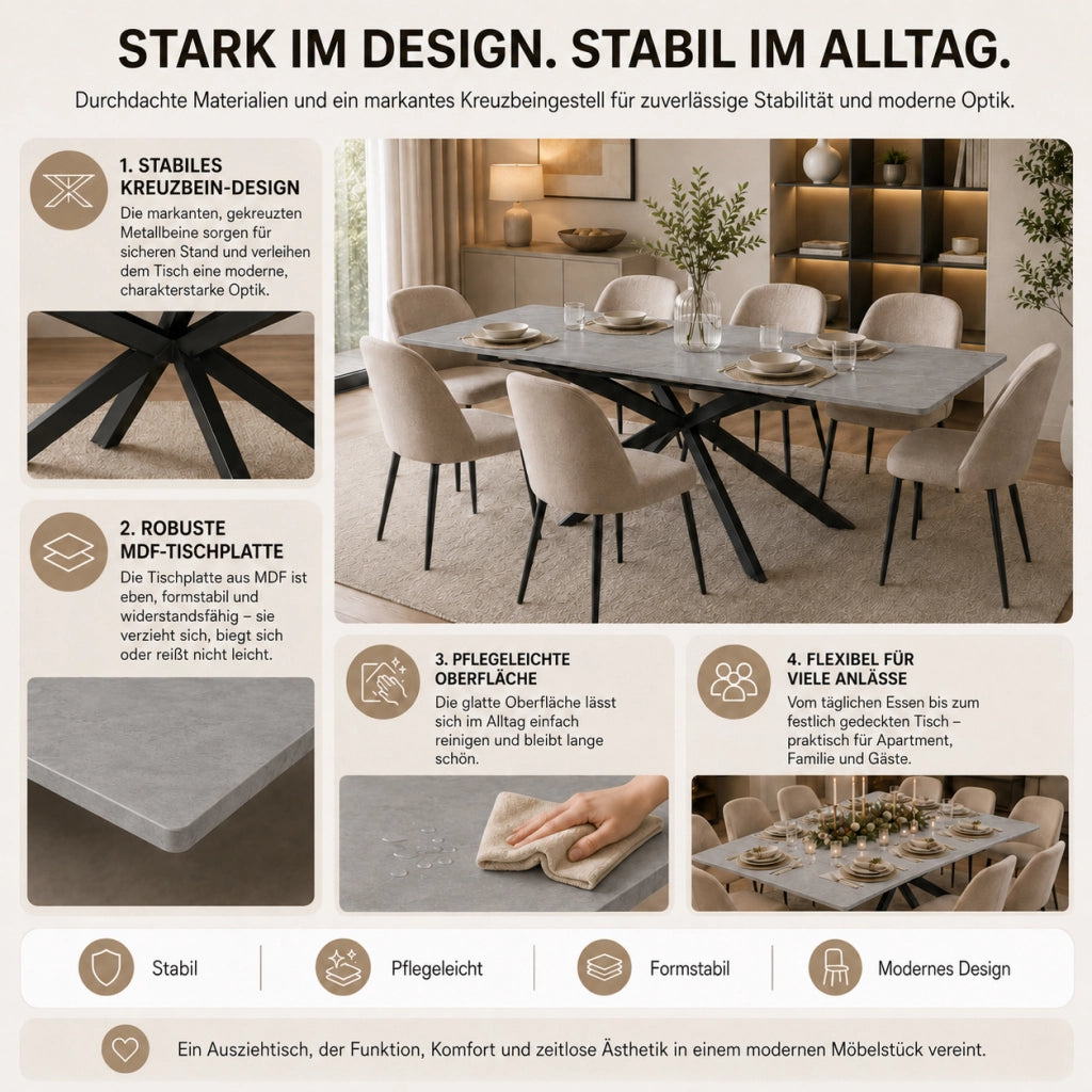 Tavolo allungabile rettangolare con piano in MDF e gambe incrociate in metallo nero e grigio 180 × 70 × 75.5 cm