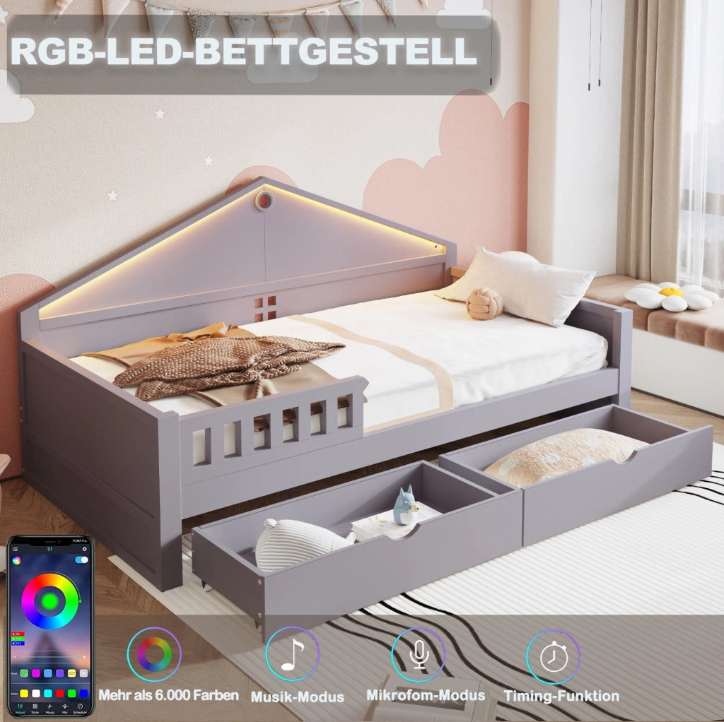 Letto singolo 90x200 cm in legno con cassetti e illuminazione LED controllabile via smartphone, grigio