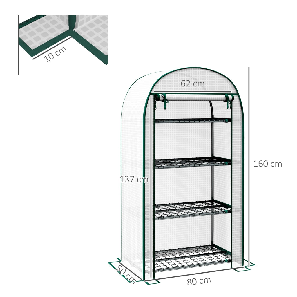 Serra da giardino e balcone con 4 ripiani in acciaio e PE resistente ai raggi UV porta arrotolabile 80 x 50 x 160 cm bianco