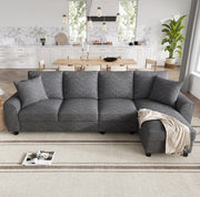Divano angolare a L 4 posti in tessuto chenille grigio; 280x136x82 cm con chaise longue contenitore