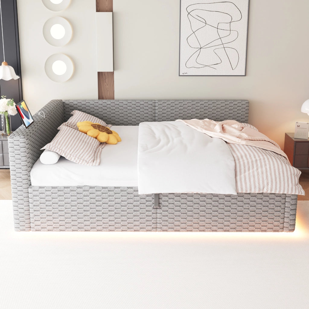 Letto Imbottito 140x200 cm in Velluto Grigio con Contenitore Idraulico; Luci LED e Prese USB