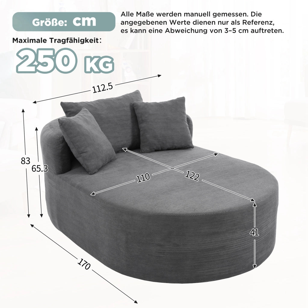 Poltrona relax ovale in velluto a coste; seduta extra profonda 122 cm; schiuma; grigio scuro