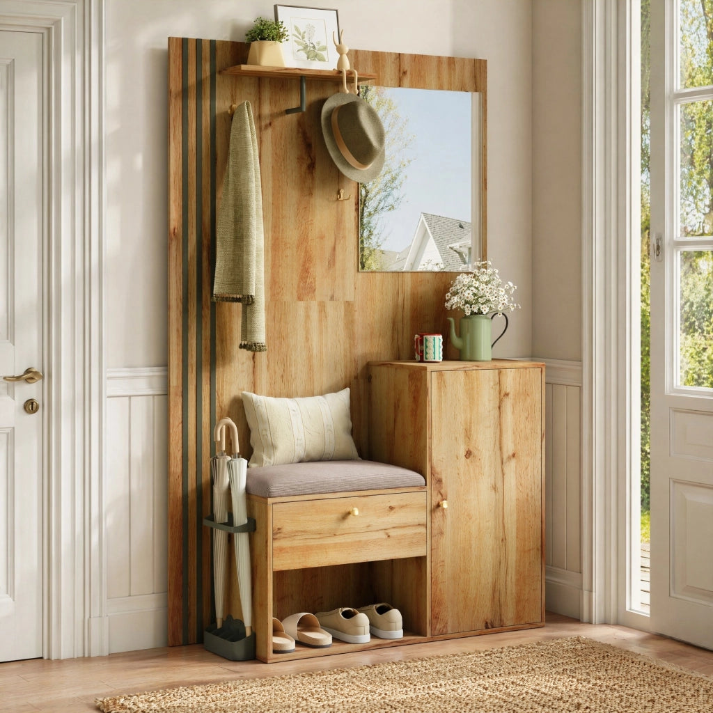 Mobile da ingresso 115x37x185 cm con specchio; seduta e ripiani in MDF naturale e nero