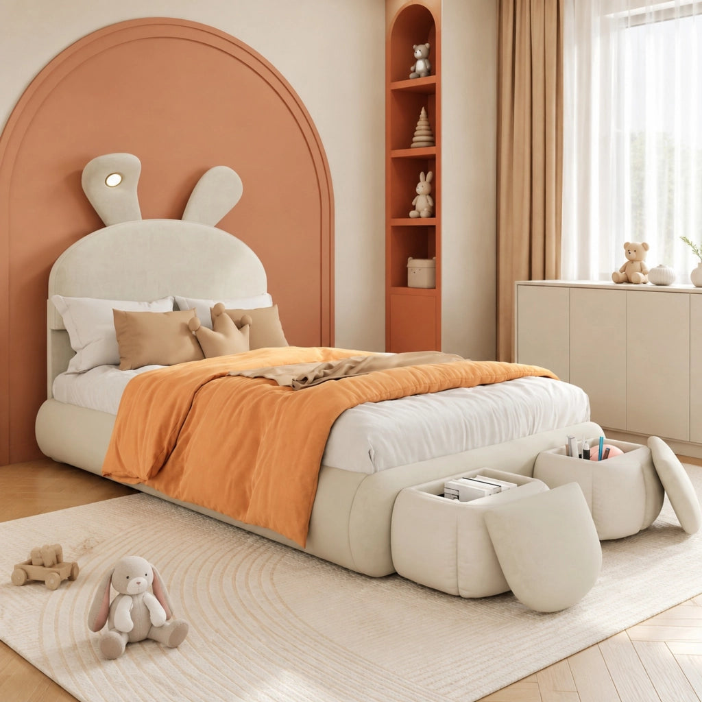 Letto imbottito 90x200 cm con orecchie decorative, luce LED e contenitori