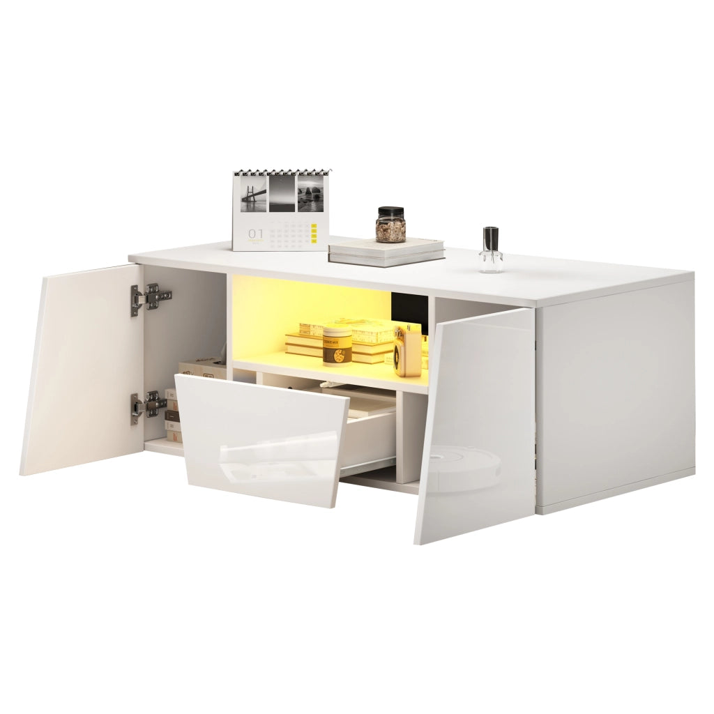 Tavolino da salotto LED con 2 ante, 1 cassetto e vano aperto, design irregolare moderno, bianco, 100 × 50 × 40 cm