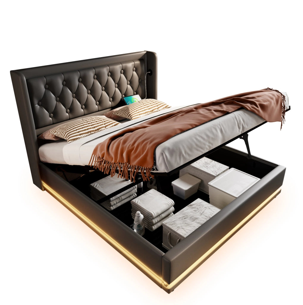 Letto matrimoniale 180x200 cm con contenitore; LED e USB-C; struttura in PU nero