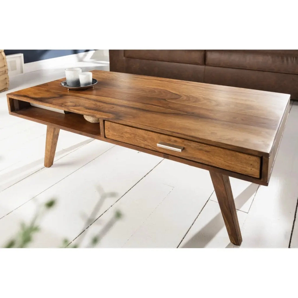 Tavolino basso SCANOVA 100 cm in legno massiccio di sheesham con contenitore stile scandinavo