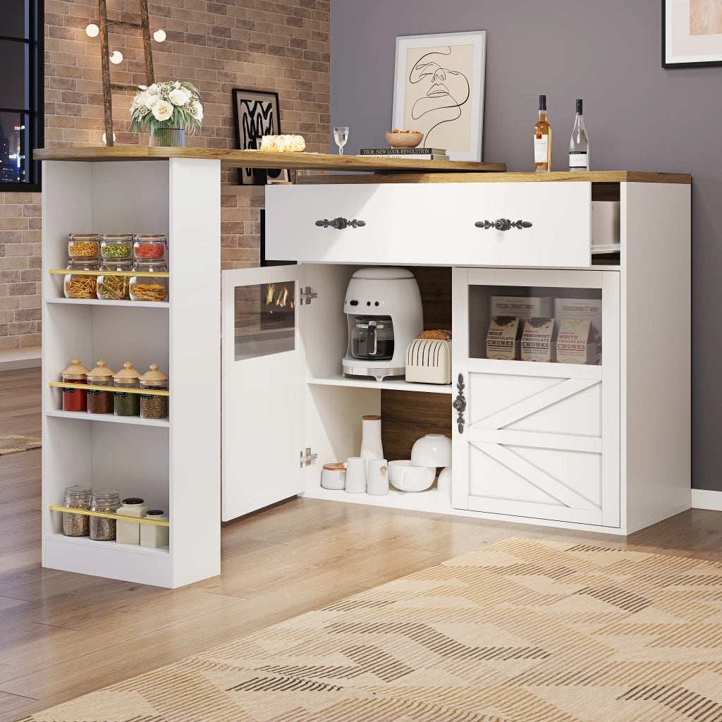 Tavolo bar allungabile bianco con ripiani, 138-204x39x104 cm, piano girevole a 360°, mobile alto moderno per cucina e bistrot