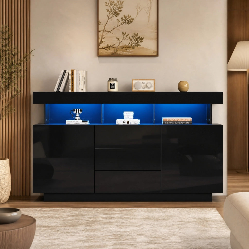 Credenza nera lucida con LED, 3 cassetti e vani contenitore 140x35x80 cm