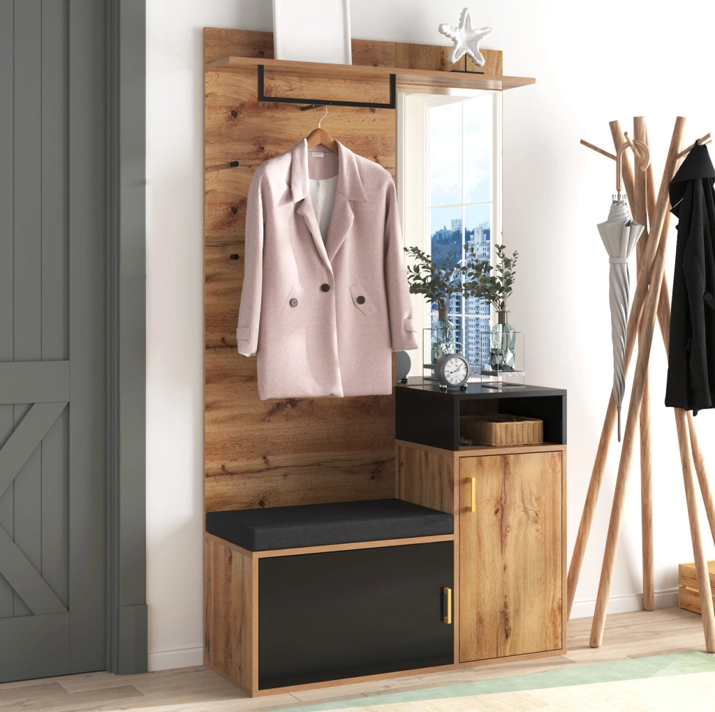 Set ingresso con appendiabiti, specchio, scarpiera, panca e ripiano superiore in legno e nero, 105x40x191,5 cm