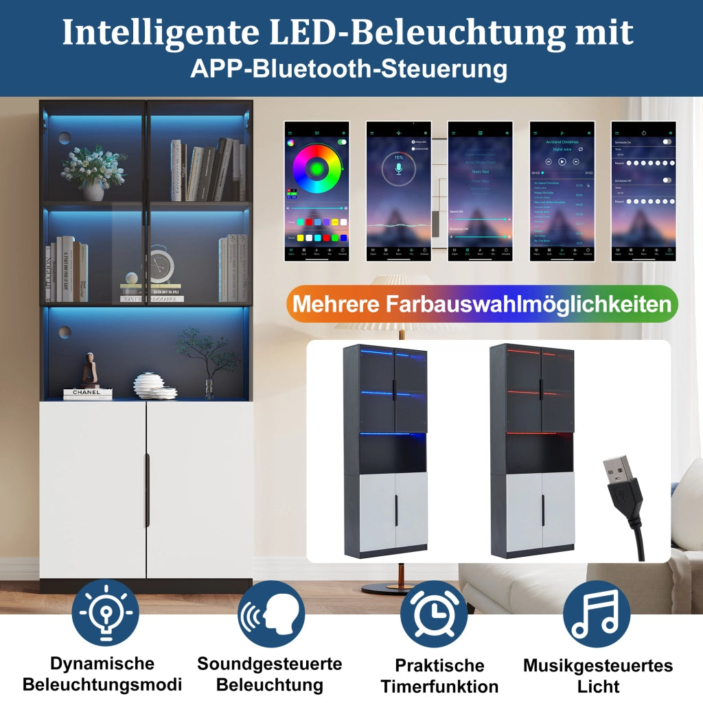 Vetrina con LED regolabili e ante in vetro temperato ripiani regolabili bianco e nero 160 × 30 × 200 cm