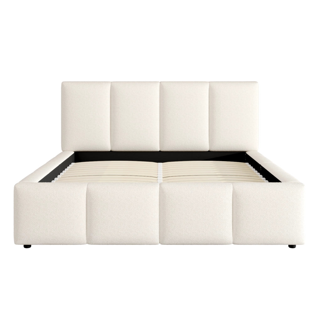 Letto imbottito 180 x 200 cm con testiera 11 cm e rete a doghe, letto matrimoniale in boucl¨¦ beige, design a linee verticali