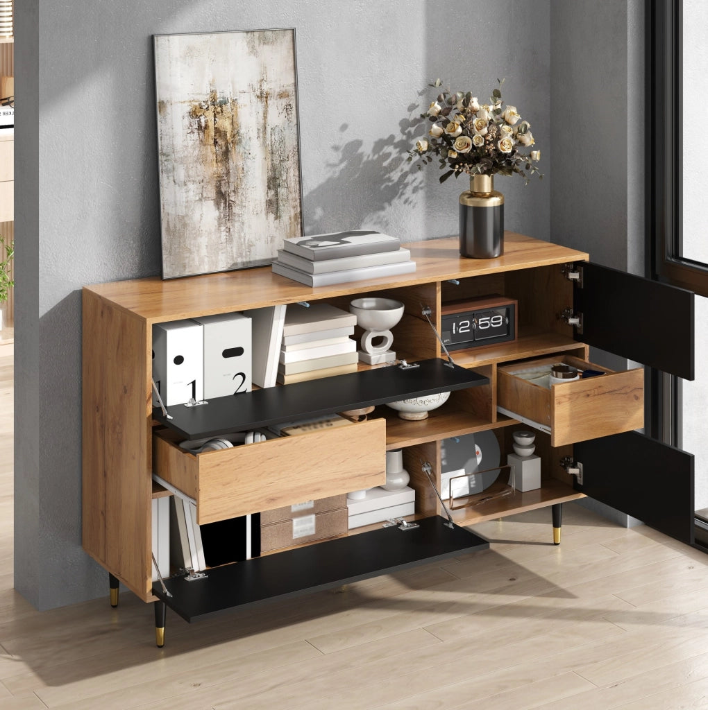 Credenza bicolore 140 cm con 2 cassetti e vani contenitore