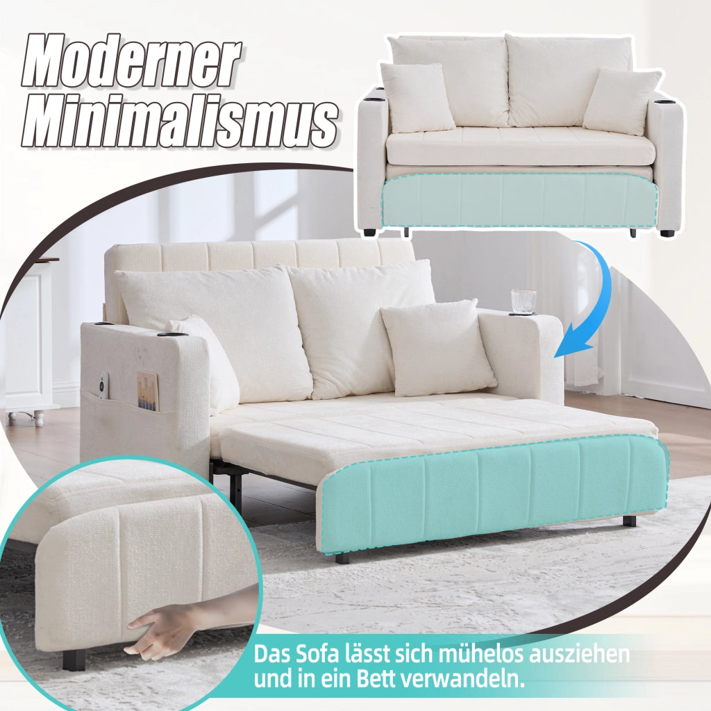 Divano letto pieghevole con tasche laterali e 4 cuscini in chenille beige