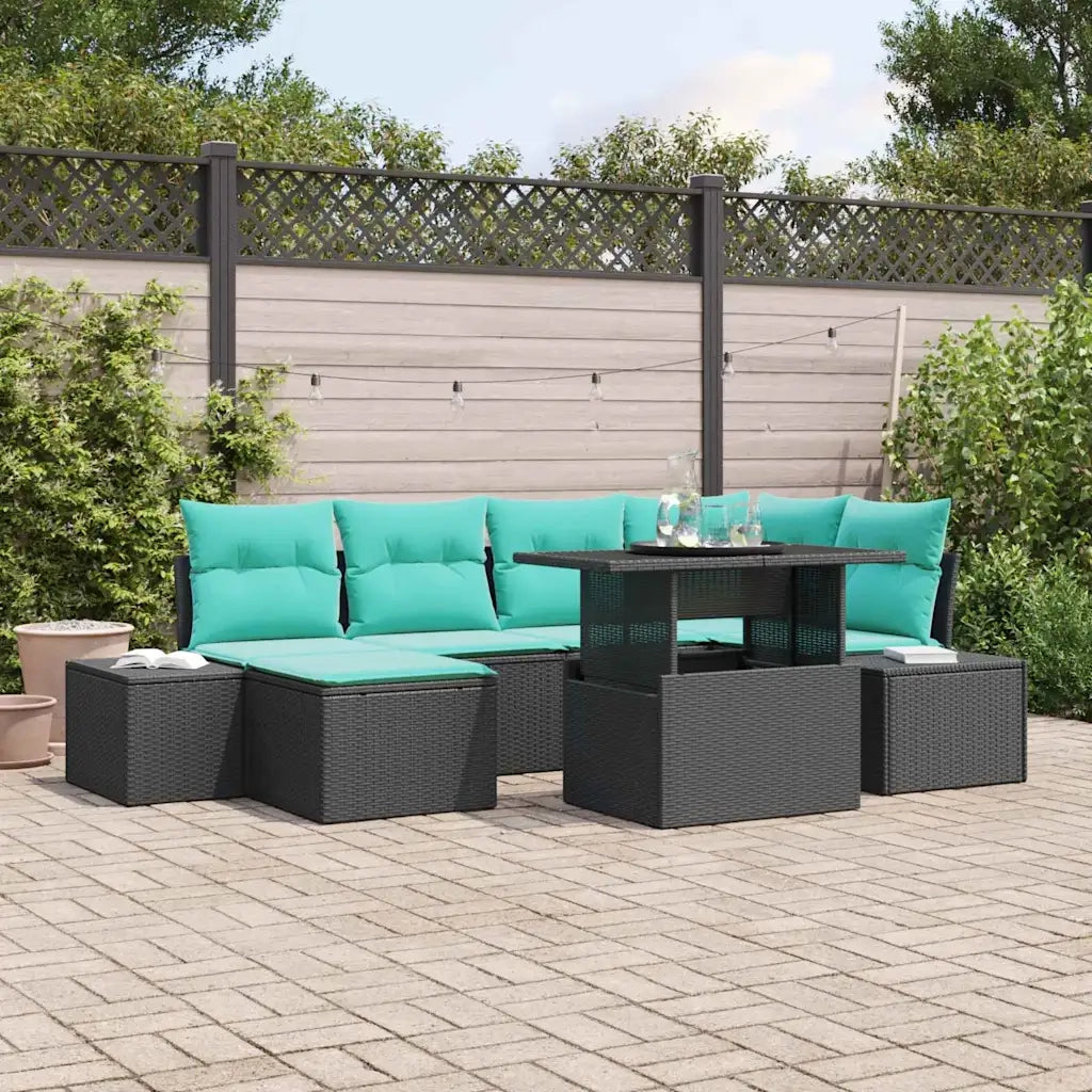 Set Divano da Giardino 7 pz Nero e Turchese polyrattan 3357959