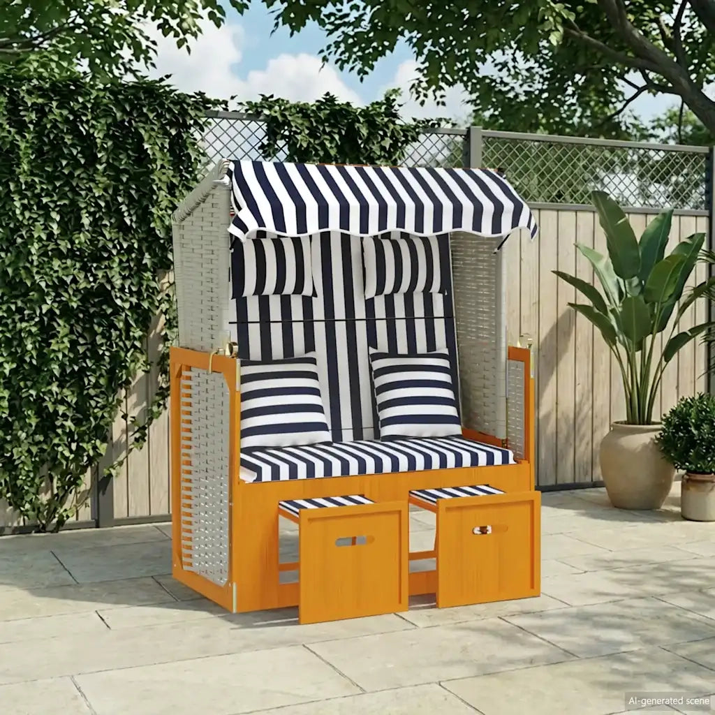 Strandkorb con Cuscini in Polyrattan Legno Massello Bianco Blu CFW6301023