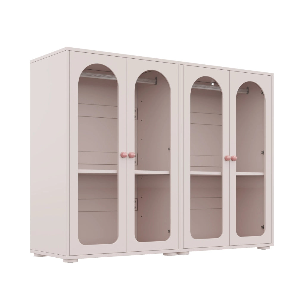 Armadio per cameretta con 2 ante trasparenti, ripiani regolabili e asta appendiabiti, MDF rosa bebè, 80 × 50 × 120 cm
