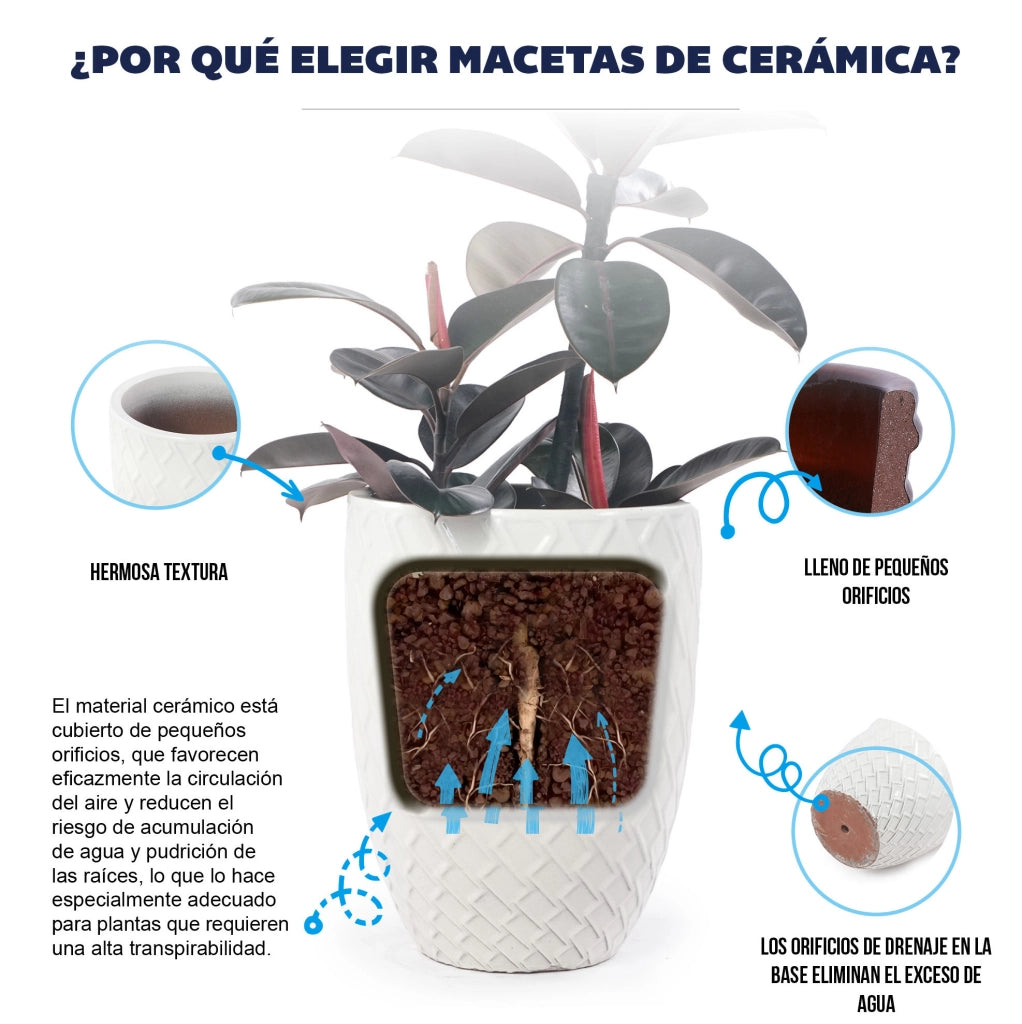 Grande Vaso da Fioriera in Ceramica Artigianale, 42 cm di Diametro × 54 cm di Altezza, Bianco Lucido con Motivo a Rombo, Traspirante e Resistente al Gelo con Fori di Drenaggio