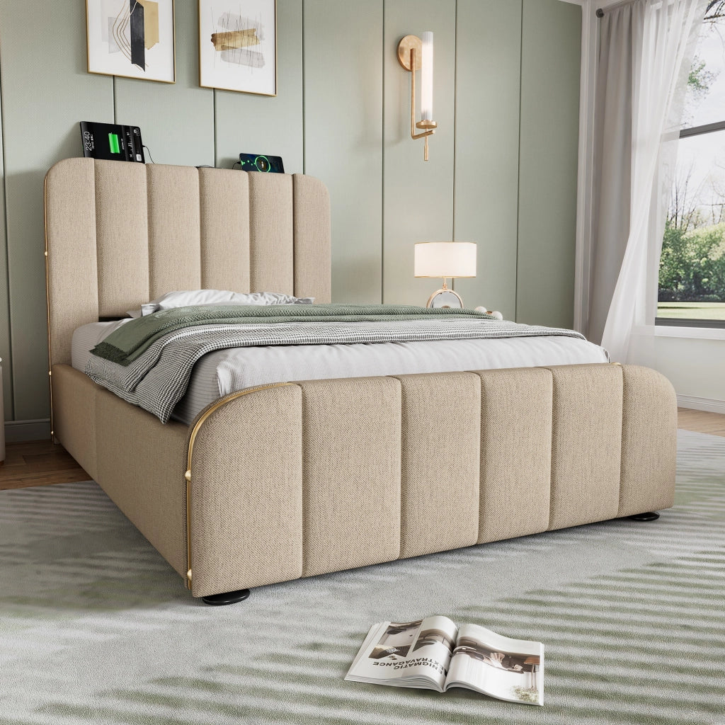 Letto singolo imbottito 90 × 200 cm contenitore in lino beige con testiera USB Type-C e materasso incluso
