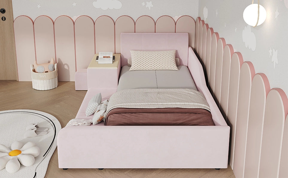 Letto singolo imbottito con scrivania e sgabello per bambini, velluto rosa, 90x200 cm, con ripiano