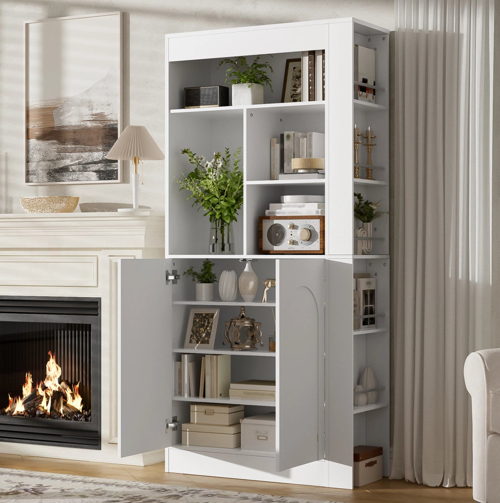 Armadio alto multifunzione bianco 85×35×180 cm con ante, ripiani laterali e spazio aperto