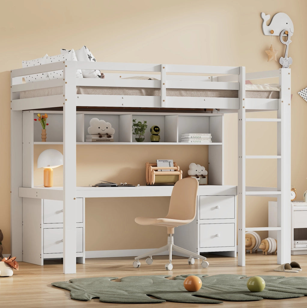 Letto a soppalco per bambini 90x200 cm in legno di pino bianco con scrivania e ampio spazio di stoccaggio