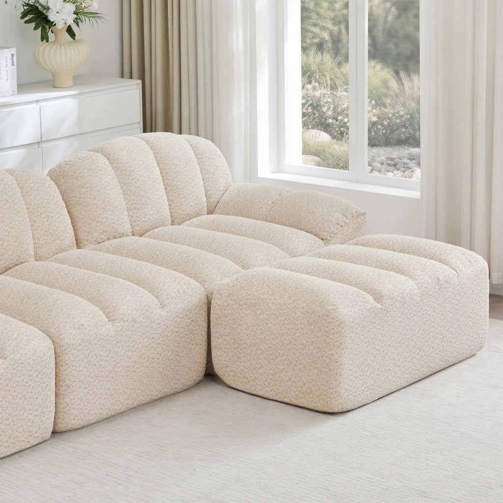 Divano modulare 2 posti in pile riccio beige bianco con 2 pouf; schiuma 32D e base antiscivolo