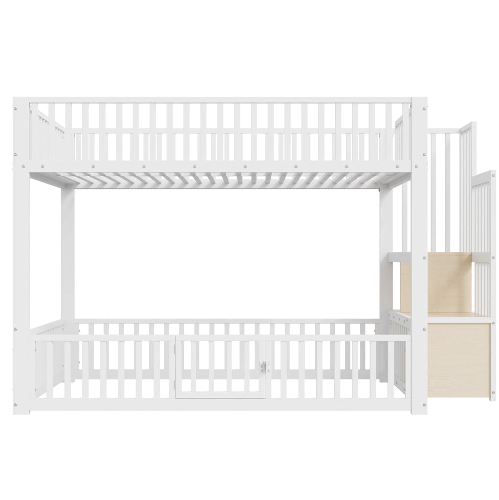 Letto a castello 140x200 con scala contenitore e illuminazione LED, colore bianco