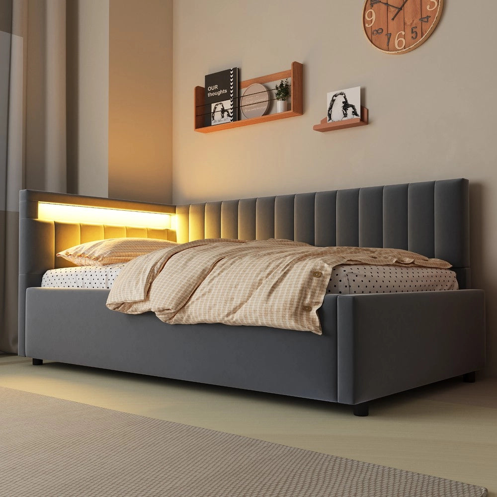 Letto Imbottito Contenitore con LED ¨C Xylo ¨C Velluto Grigio, Testiera, Rete a Doghe, 90x200