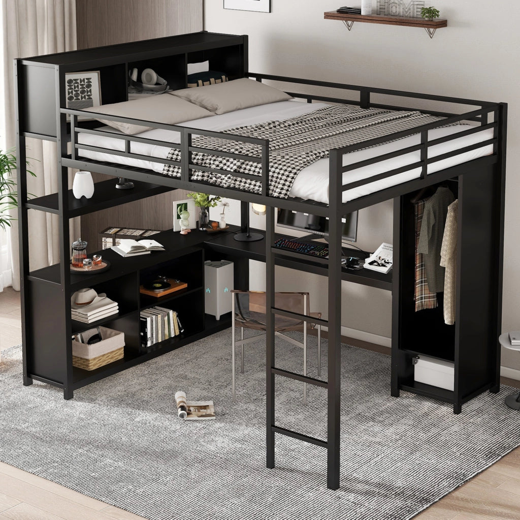 Letto a soppalco 140x200 cm con scrivania; armadio e vani contenitore in metallo e legno; nero