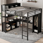 Letto a soppalco 140x200 cm con scrivania; armadio e vani contenitore in metallo e legno; nero