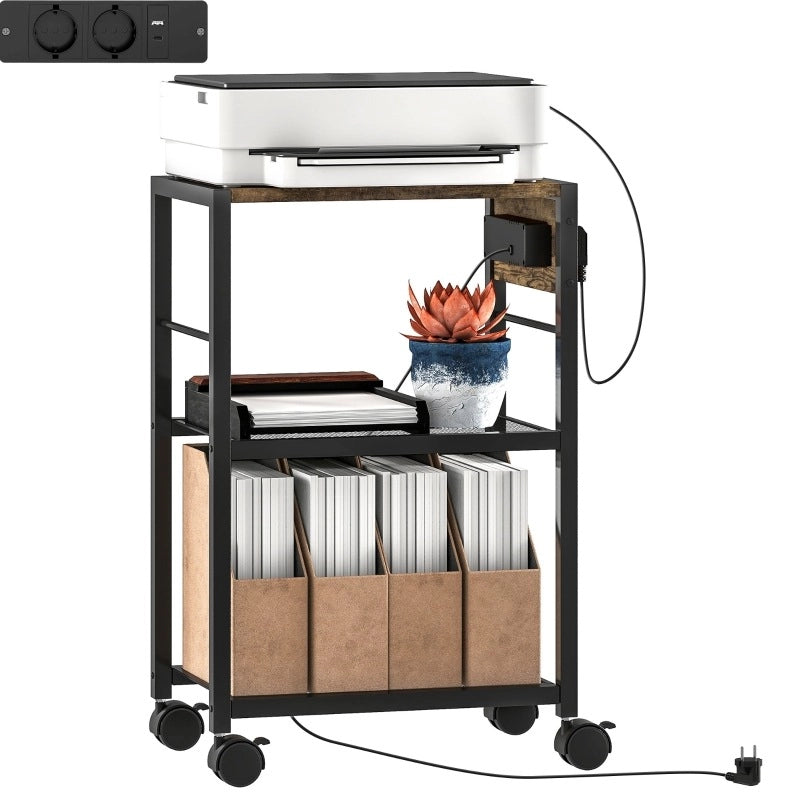 Supporto per stampante con ruote, prese elettriche, USB e USB-C, capacità 40 kg, colore marrone rustico