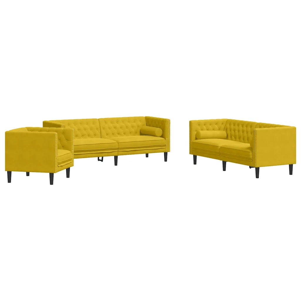Set Divani Chesterfield 3pz con Cuscini Giallo Velluto