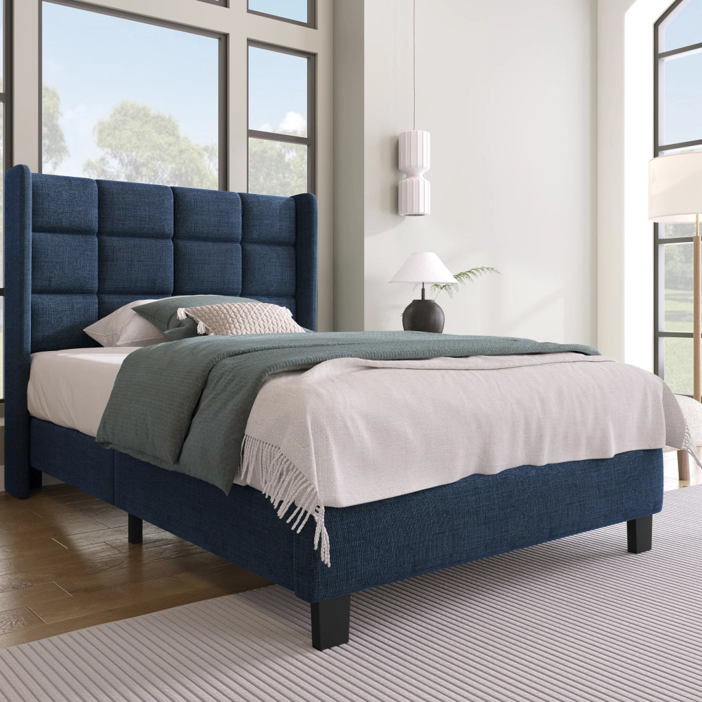 Letto Singolo 90x200 Imbottito in Lino Blu con Testiera e Rete a Doghe