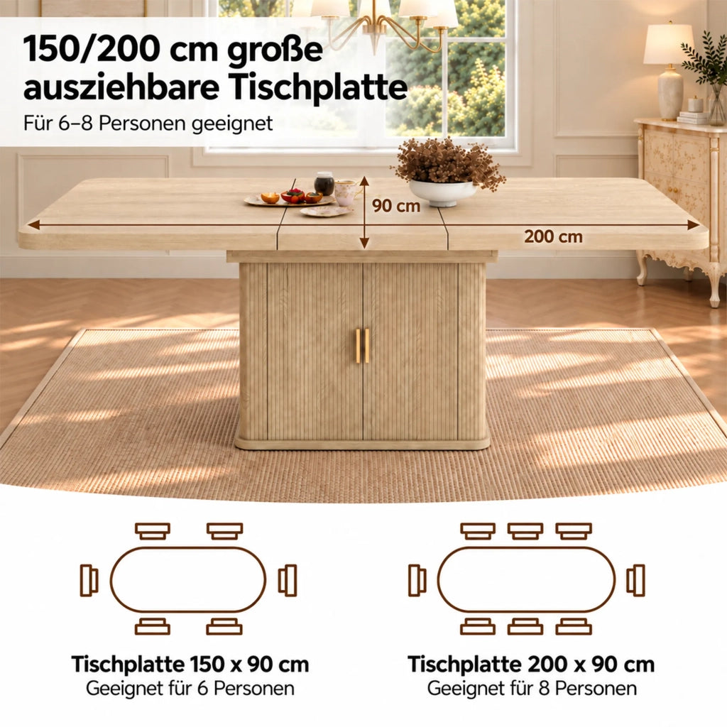 Tavolo da pranzo allungabile stile scandinavo, colore quercia, 150/200x90 cm, piano spesso con vano portaoggetti, per 6-8 persone