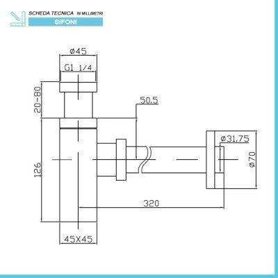 Sifone lavabo a canna quadrata cromato completo di piletta click clack universale