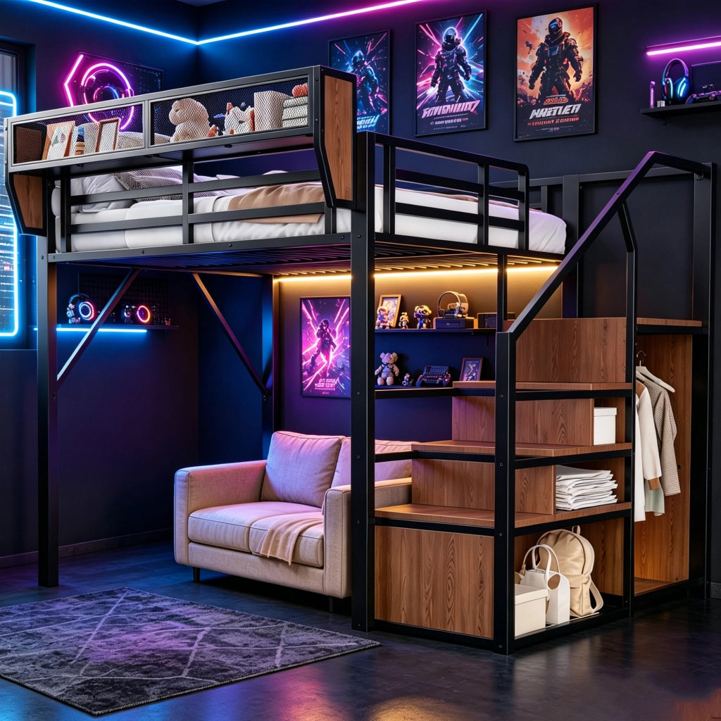 Letto a soppalco 140x200 cm con LED multicolore; scala di sicurezza e ripiani flessibili; metallo nero