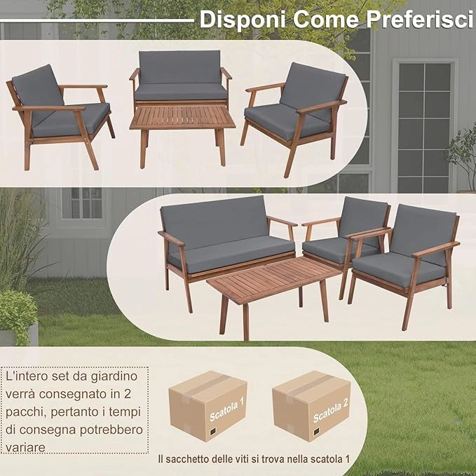 Set di Conversazione da Esterno in 4 Pezzi, Set da Divano in Legno di Acacia con Cuscini Morbidi per Sedile e Schienale, Tavolino da Caffè Rettangolare, per Patio Giardino Piscina (Grigio)